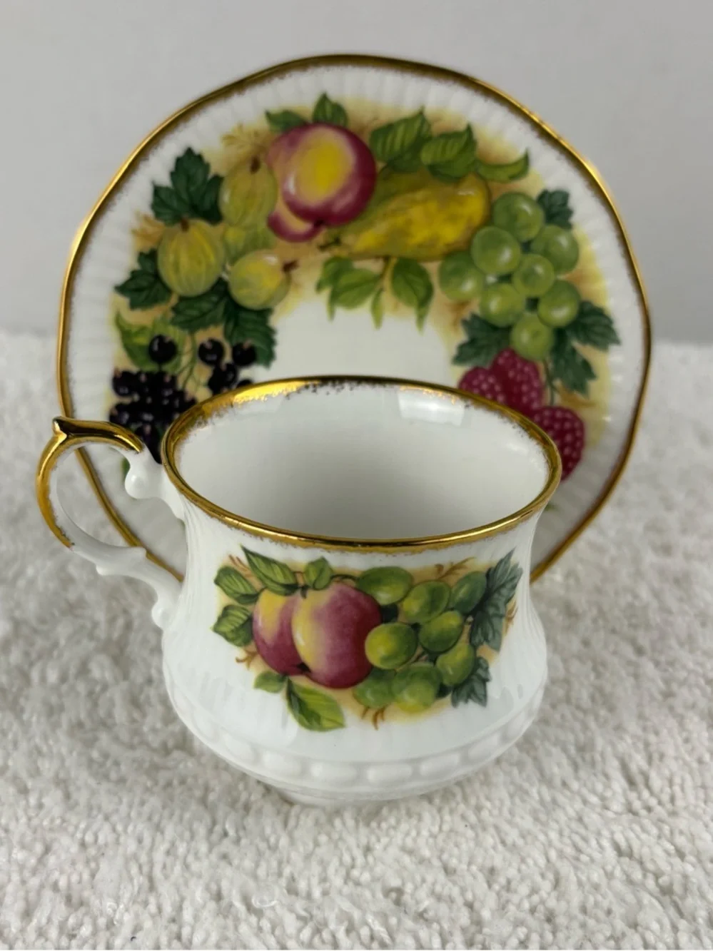 Vintage Queen’s Rosina China Teacup and Saucer from the Antique Fruit Series